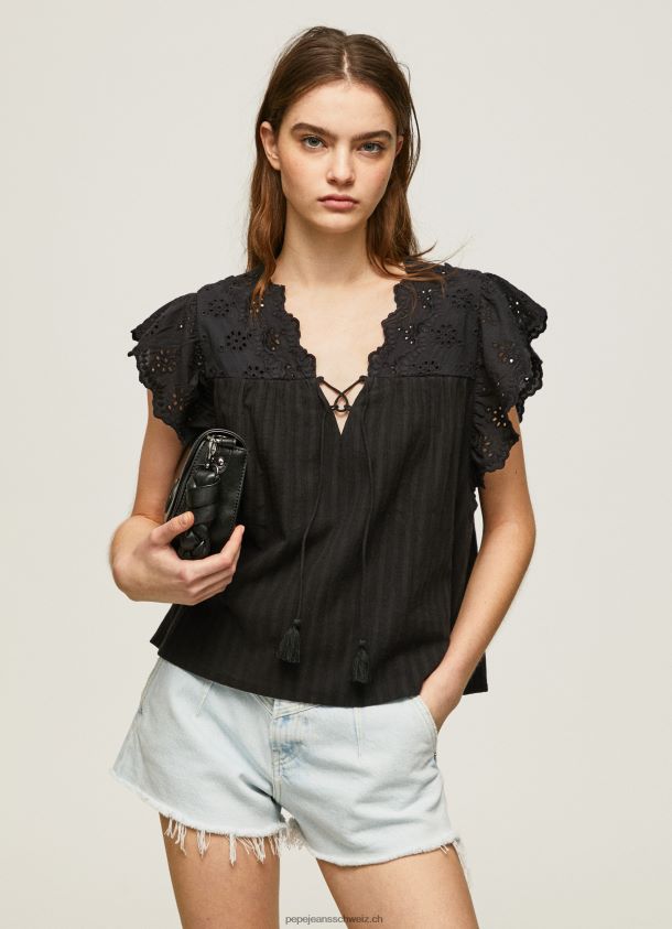 Baumwollbluse mit durchbrochenen Details Frauen Pepe Jeans Schwarz 84XH6T336