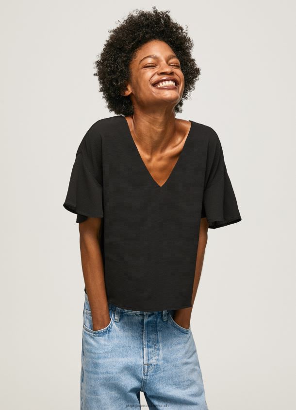Crêpe-Top mit Rüschen an den Ärmeln Frauen Pepe Jeans Schwarz 84XH6T365
