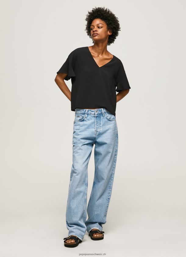 Crêpe-Top mit Rüschen an den Ärmeln Frauen Pepe Jeans Schwarz 84XH6T365