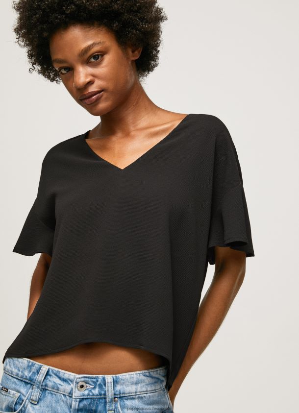 Crêpe-Top mit Rüschen an den Ärmeln Frauen Pepe Jeans Schwarz 84XH6T365