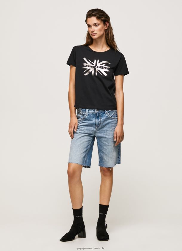 Baumwoll-T-Shirt mit Metallic-Logo Frauen Pepe Jeans Schwarz 84XH6T414