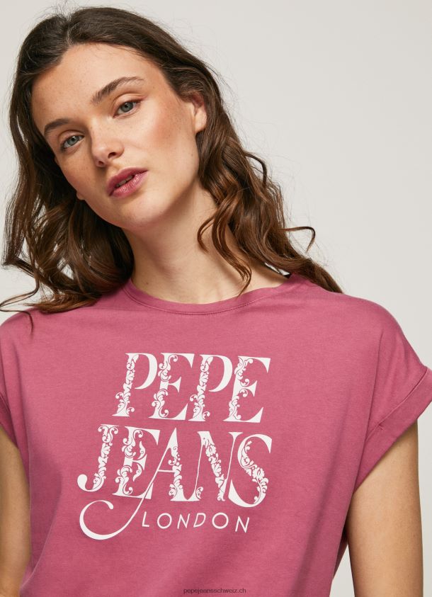 Baumwoll-T-Shirt mit floralem Logo Frauen Pepe Jeans dunkel erröten 84XH6T431