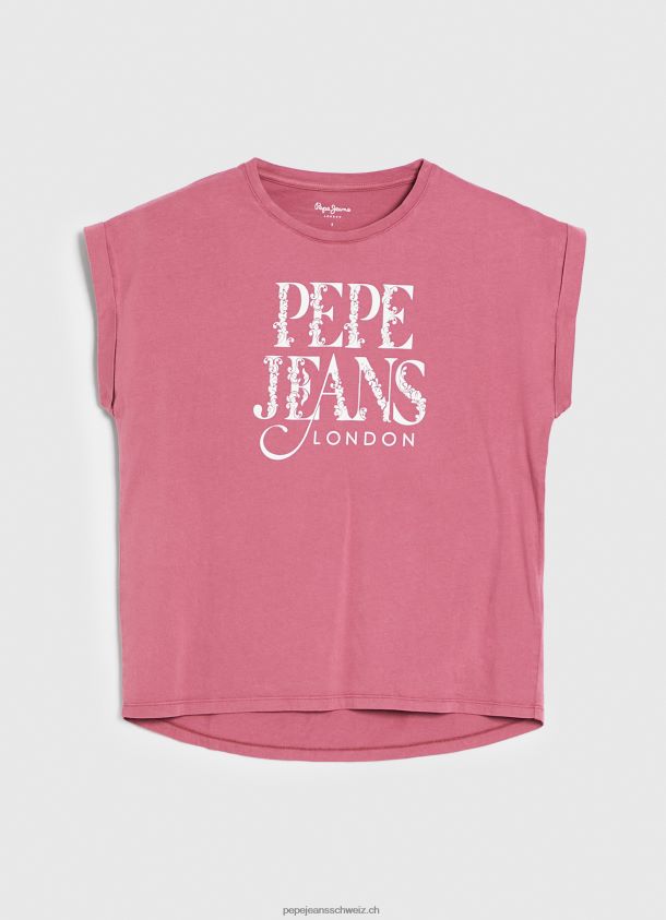 Baumwoll-T-Shirt mit floralem Logo Frauen Pepe Jeans dunkel erröten 84XH6T431
