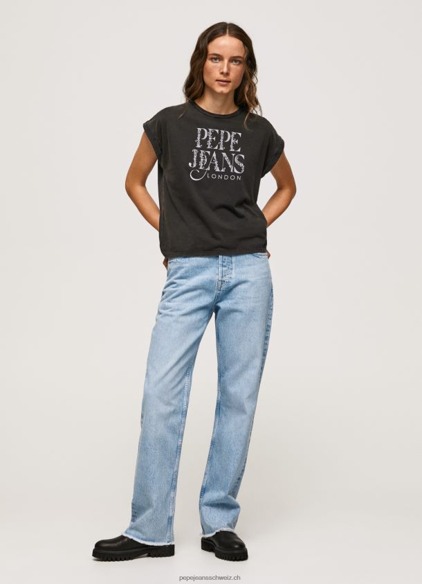 Baumwoll-T-Shirt mit floralem Logo Frauen Pepe Jeans schwarz gewaschen 84XH6T403