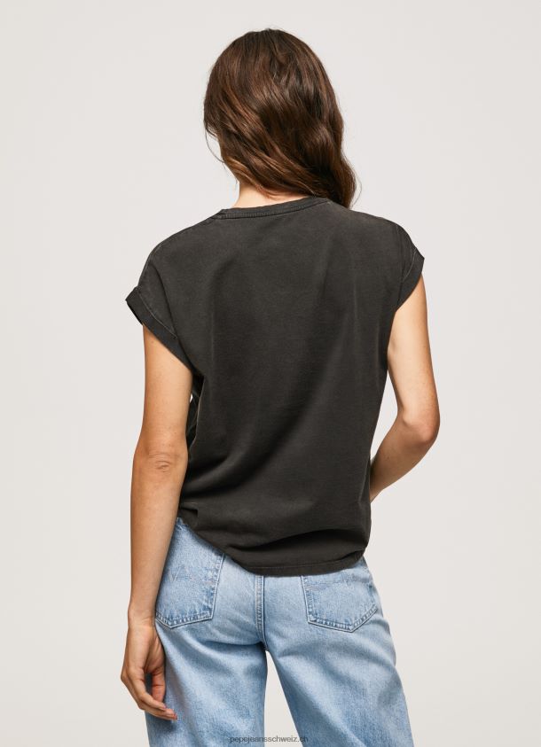 Baumwoll-T-Shirt mit floralem Logo Frauen Pepe Jeans schwarz gewaschen 84XH6T403