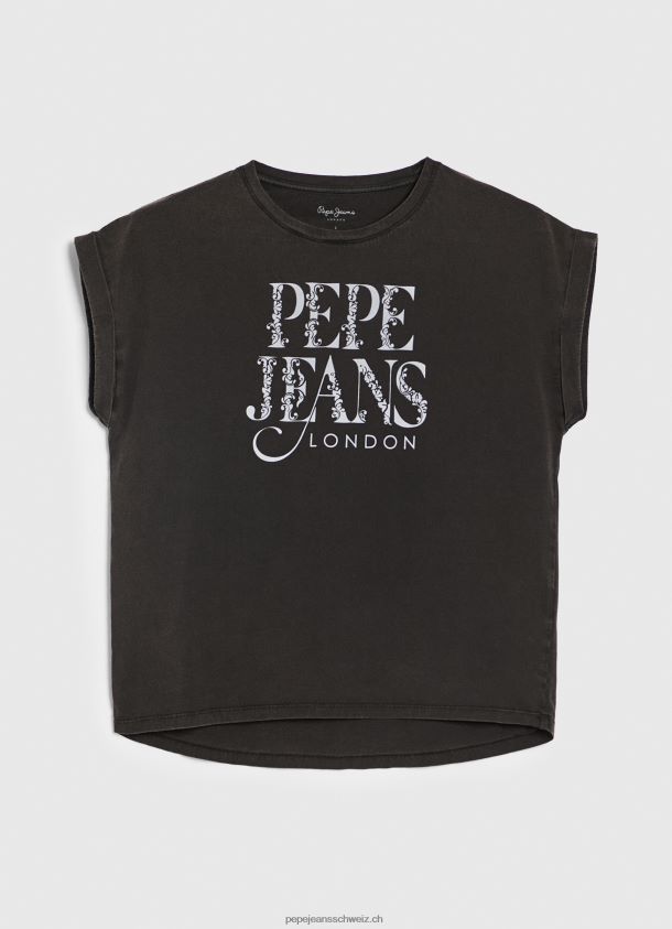 Baumwoll-T-Shirt mit floralem Logo Frauen Pepe Jeans schwarz gewaschen 84XH6T403