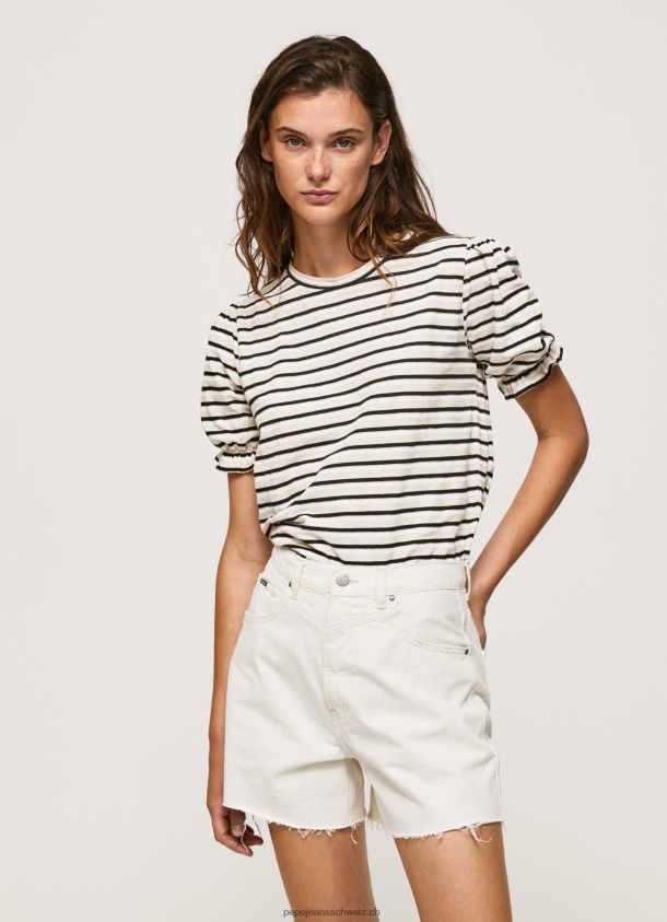 Gestreiftes T-Shirt mit Rüschenärmeln Frauen Pepe Jeans Schwarz 84XH6T391