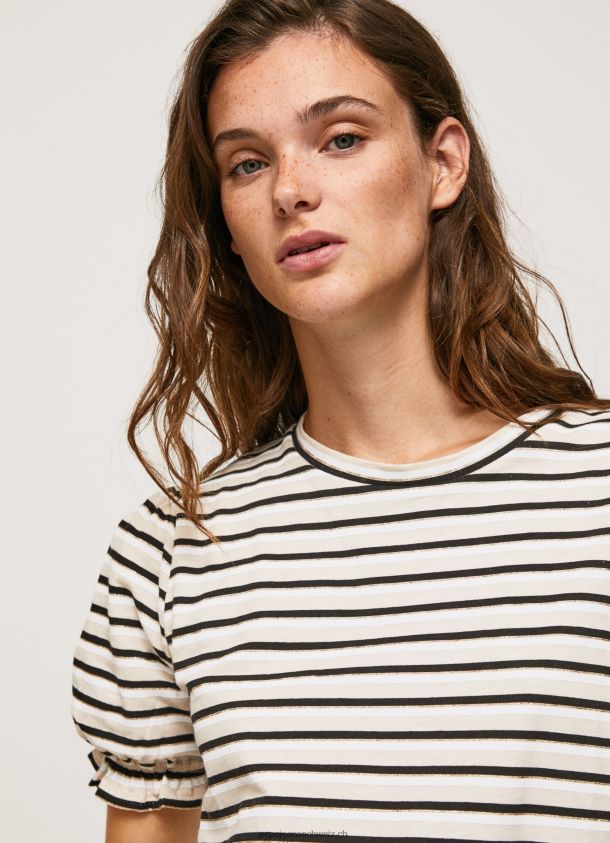Gestreiftes T-Shirt mit Rüschenärmeln Frauen Pepe Jeans Schwarz 84XH6T391