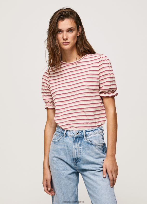 Gestreiftes T-Shirt mit Rüschenärmeln Frauen Pepe Jeans dunkel erröten 84XH6T392