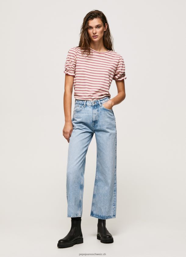 Gestreiftes T-Shirt mit Rüschenärmeln Frauen Pepe Jeans dunkel erröten 84XH6T392