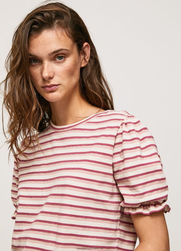Gestreiftes T-Shirt mit Rüschenärmeln Frauen Pepe Jeans dunkel erröten 84XH6T392