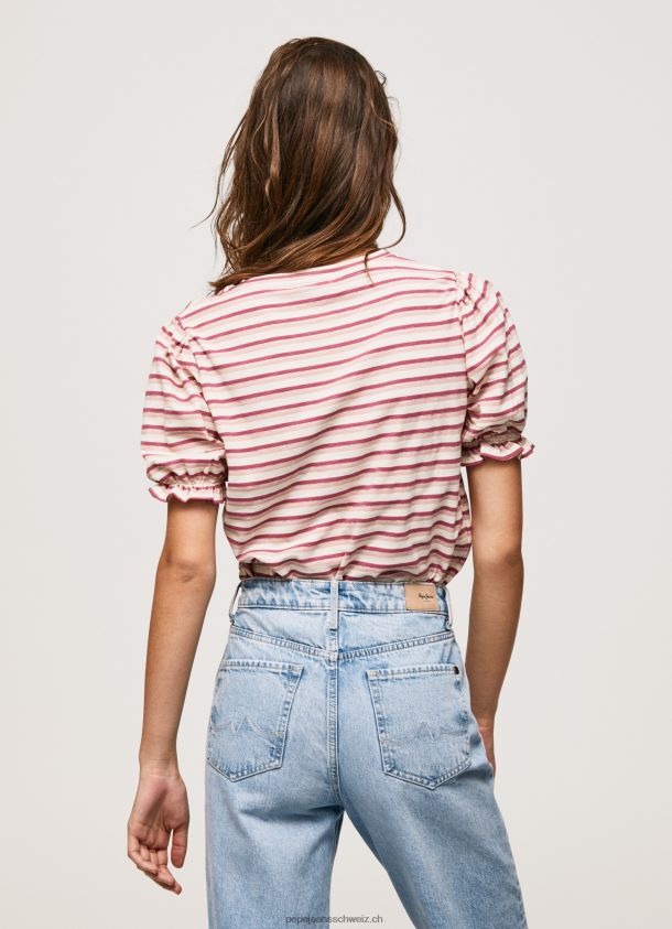 Gestreiftes T-Shirt mit Rüschenärmeln Frauen Pepe Jeans dunkel erröten 84XH6T392