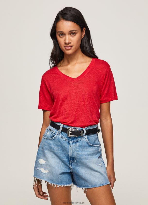 Leinen-T-Shirt mit V-Ausschnitt Frauen Pepe Jeans studiorot 84XH6T465