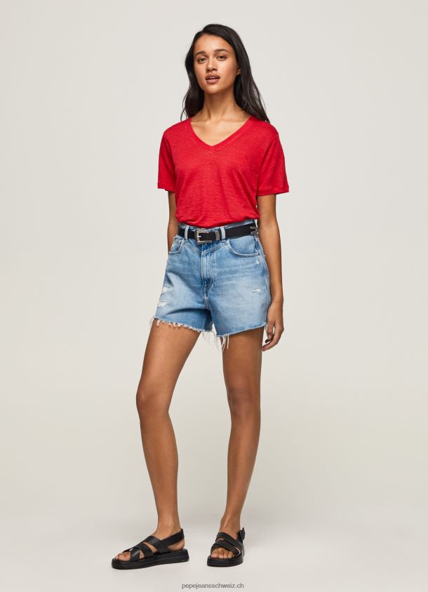 Leinen-T-Shirt mit V-Ausschnitt Frauen Pepe Jeans studiorot 84XH6T465