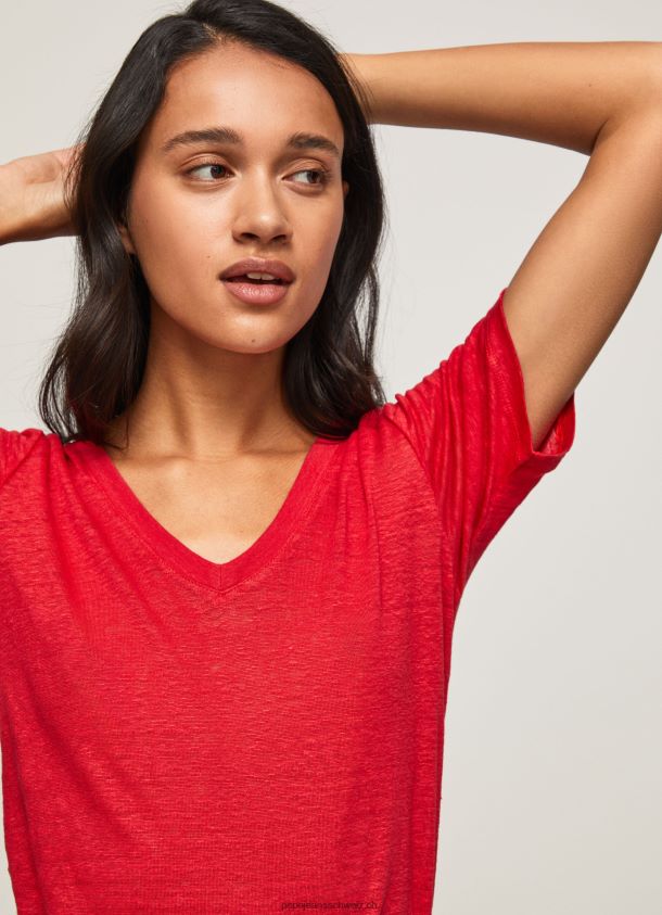Leinen-T-Shirt mit V-Ausschnitt Frauen Pepe Jeans studiorot 84XH6T465