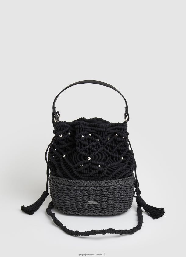 Eimertasche aus Makramee und Stroh Frauen Pepe Jeans Schwarz 84XH6T741