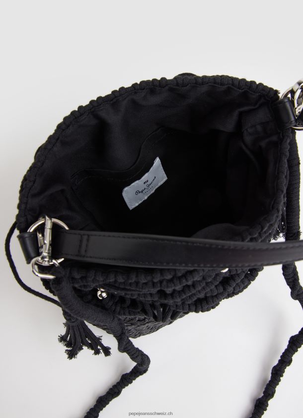 Eimertasche aus Makramee und Stroh Frauen Pepe Jeans Schwarz 84XH6T741