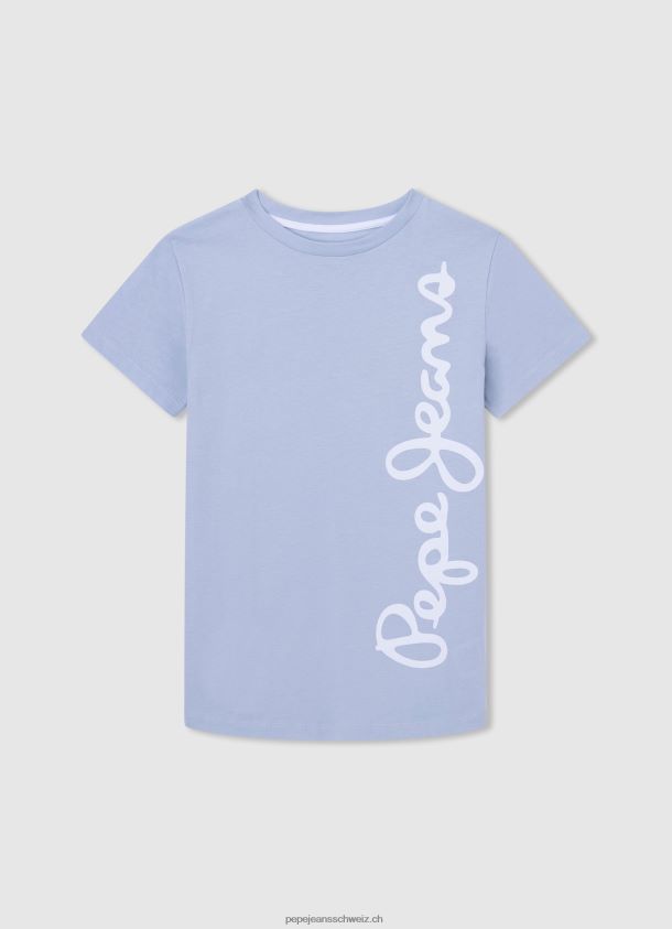 Baumwoll-T-Shirt mit vertikalem Logo Junge Pepe Jeans blau bleichen 84XH6T1628