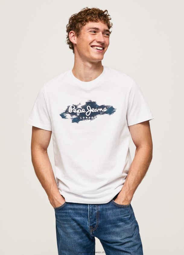 Baumwoll-T-Shirt mit Bürsten-Logo Männer Pepe Jeans Weiss 84XH6T952